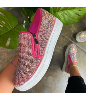 Cheap high quality newest ladies casual flat loafers sneakers shoes fashionable women's bling pedal rhinestone casual shoes